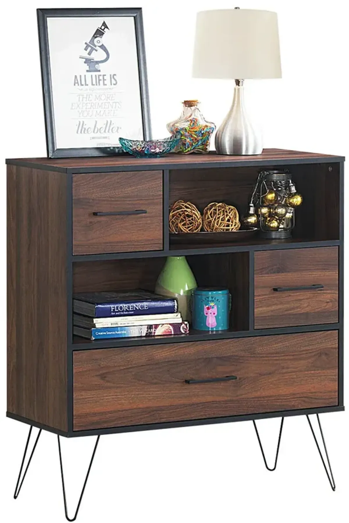 3-Tier Wood Storage Cabinet with Drawers and 4 Metal Legs