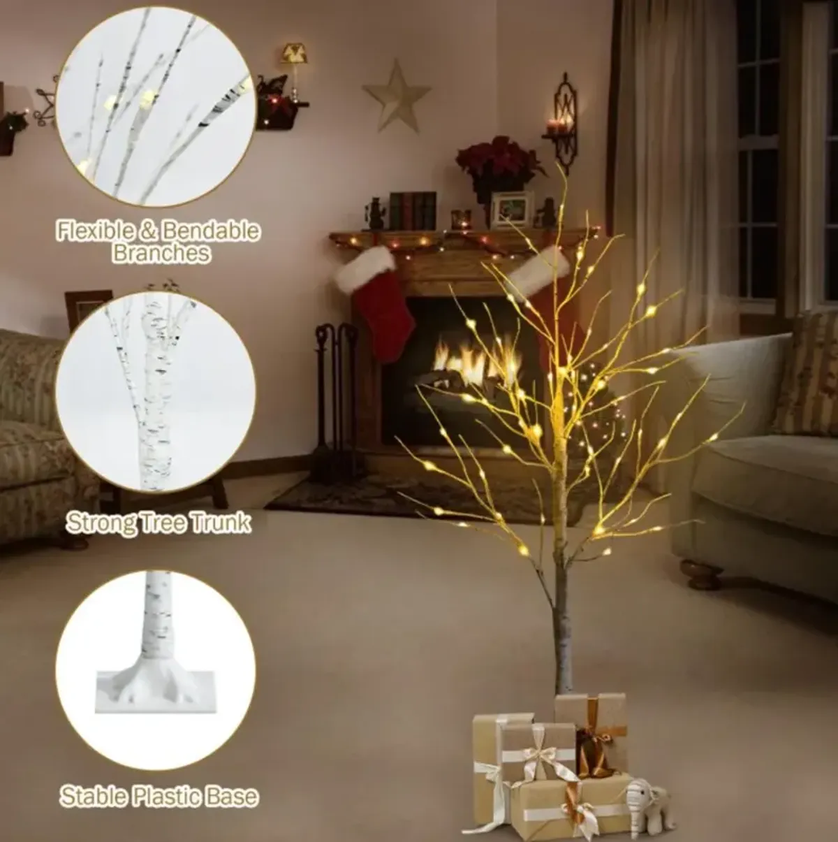 Hivvago Pre-lit White Twig Birch Tree for Christmas Holiday with LED Lights