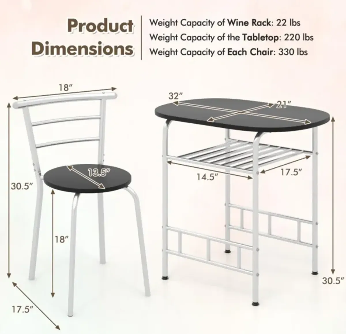 Hivvago 3-Piece Space-Saving Bistro Set for Kitchen and Apartment