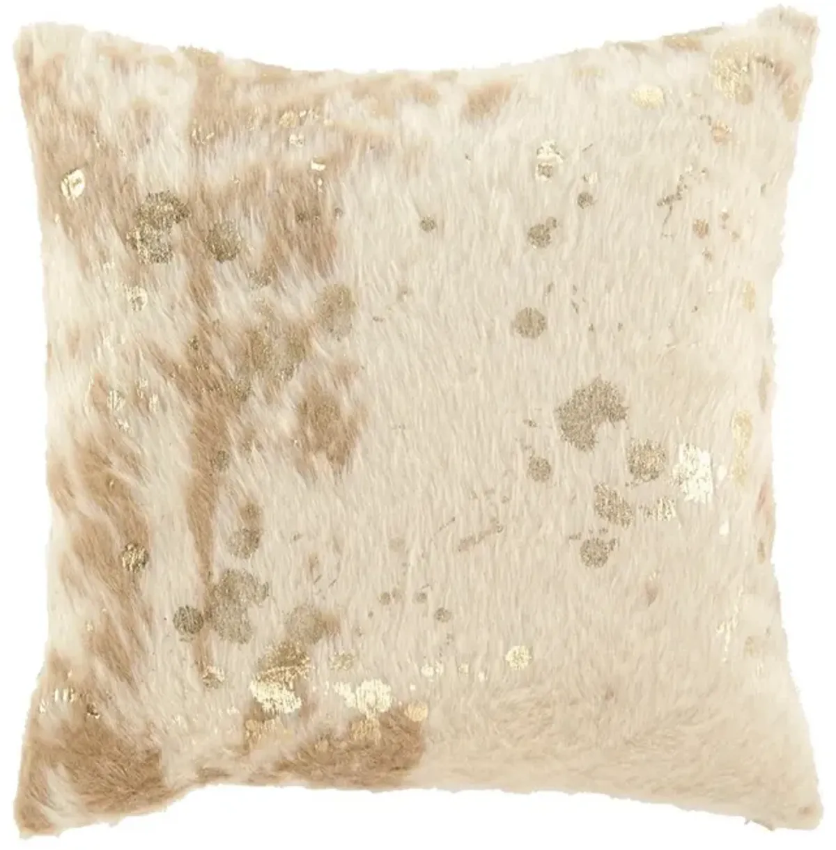 Faux Fur Pillow with Zipper Closure, Set of 4, Cream and Gold-Benzara