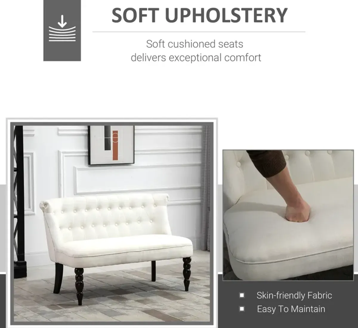 Cream White Seating: Armless Fabric Loveseat with Button Tufting