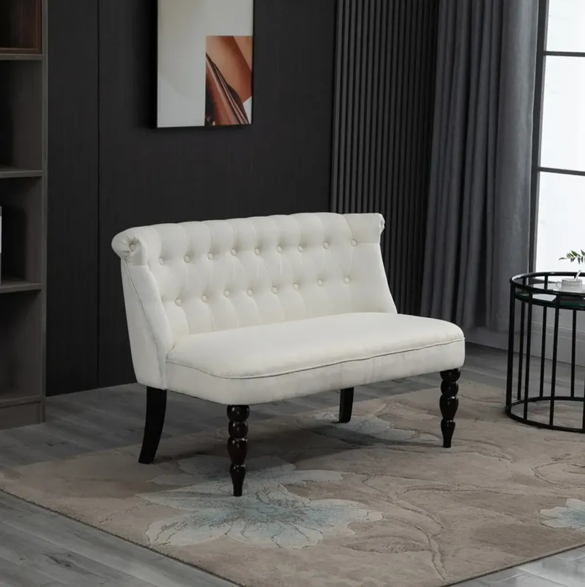 Cream White Seating: Armless Fabric Loveseat with Button Tufting