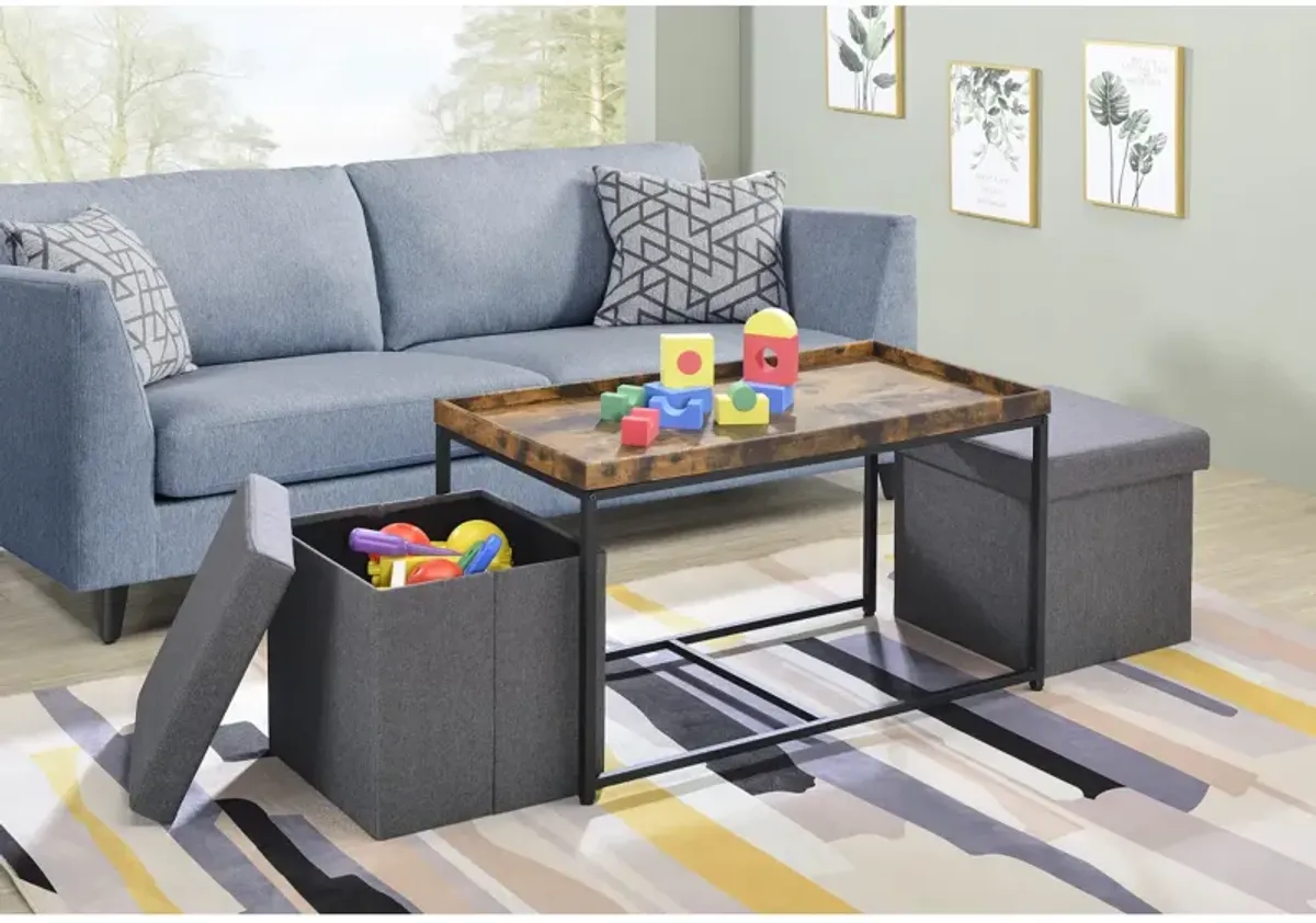 Monty Weathered Oak Wood Grain 3 Piece Coffee Table Set With Raised Edges
