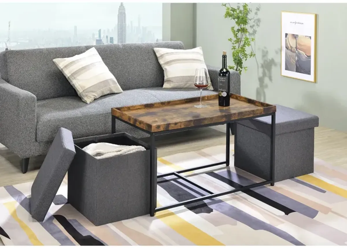 Monty Weathered Oak Wood Grain 3 Piece Coffee Table Set With Raised Edges