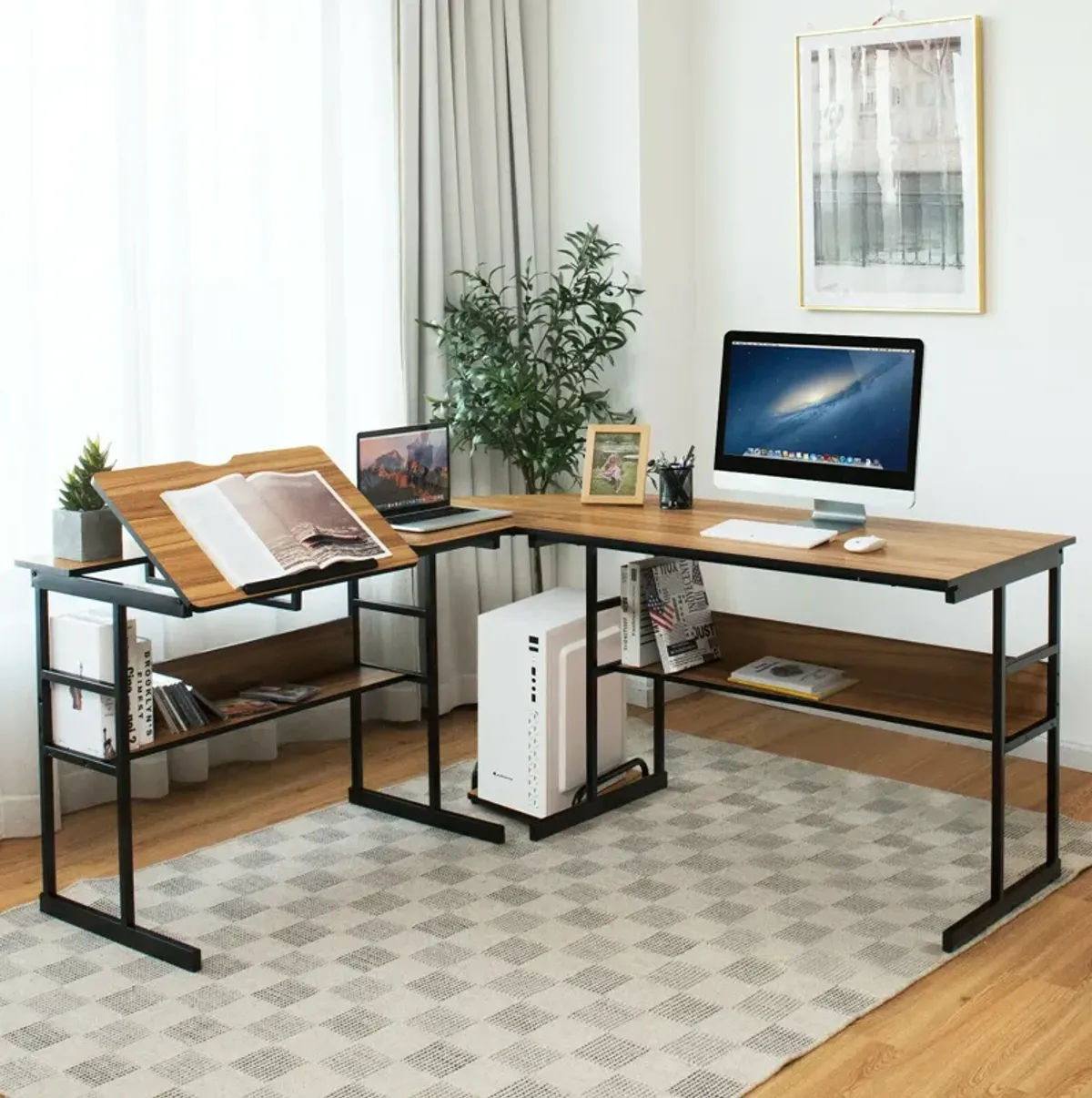 L-Shaped Computer Desk with Tiltable Tabletop