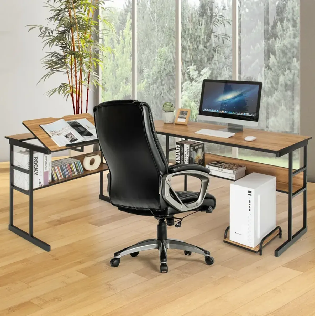 L-Shaped Computer Desk with Tiltable Tabletop