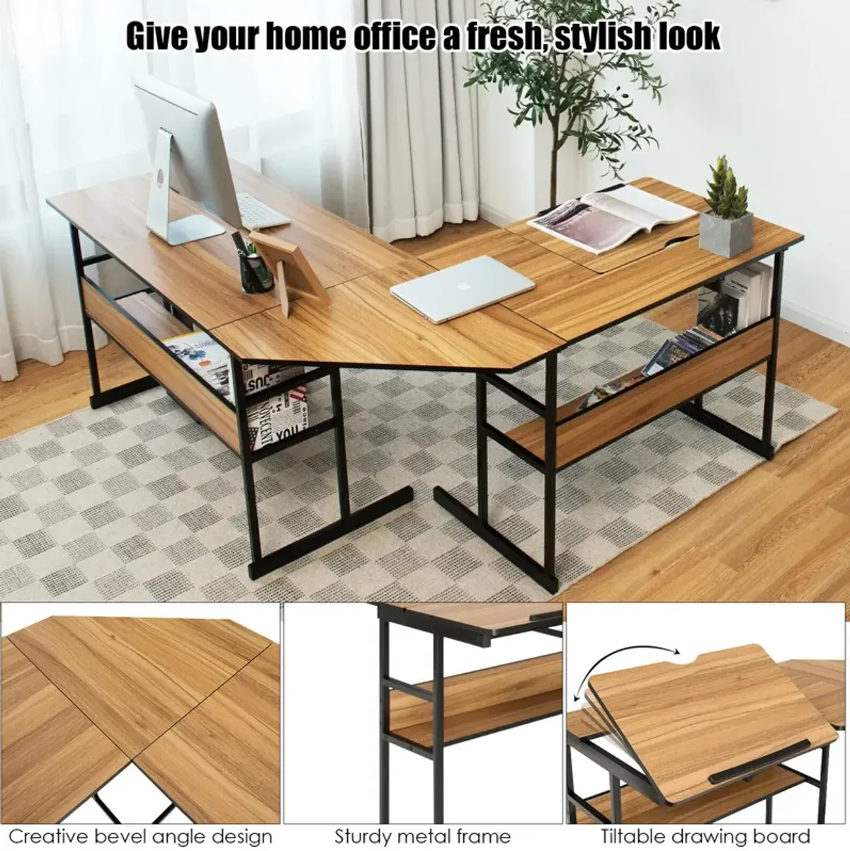 L-Shaped Computer Desk with Tiltable Tabletop