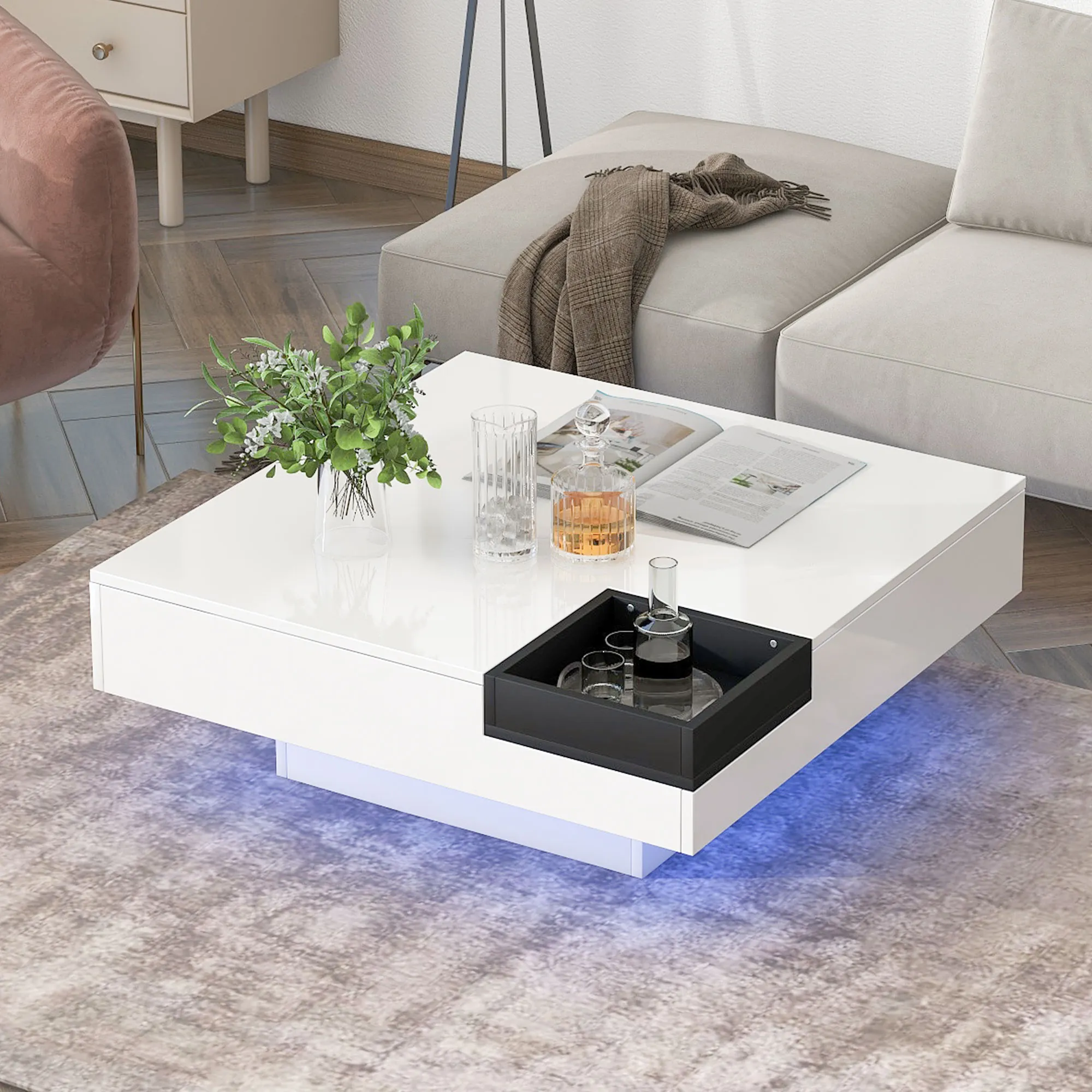 Merax Square Coffee Table with Detachable Tray and Plug-in 16-color LED Strip Lights Remote Control for Living Room