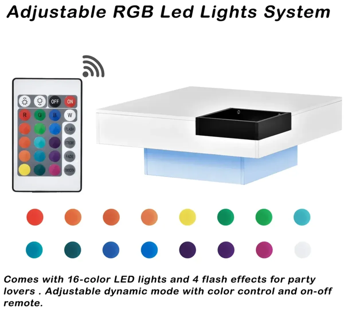 Merax Square Coffee Table with Detachable Tray and Plug-in 16-color LED Strip Lights Remote Control for Living Room