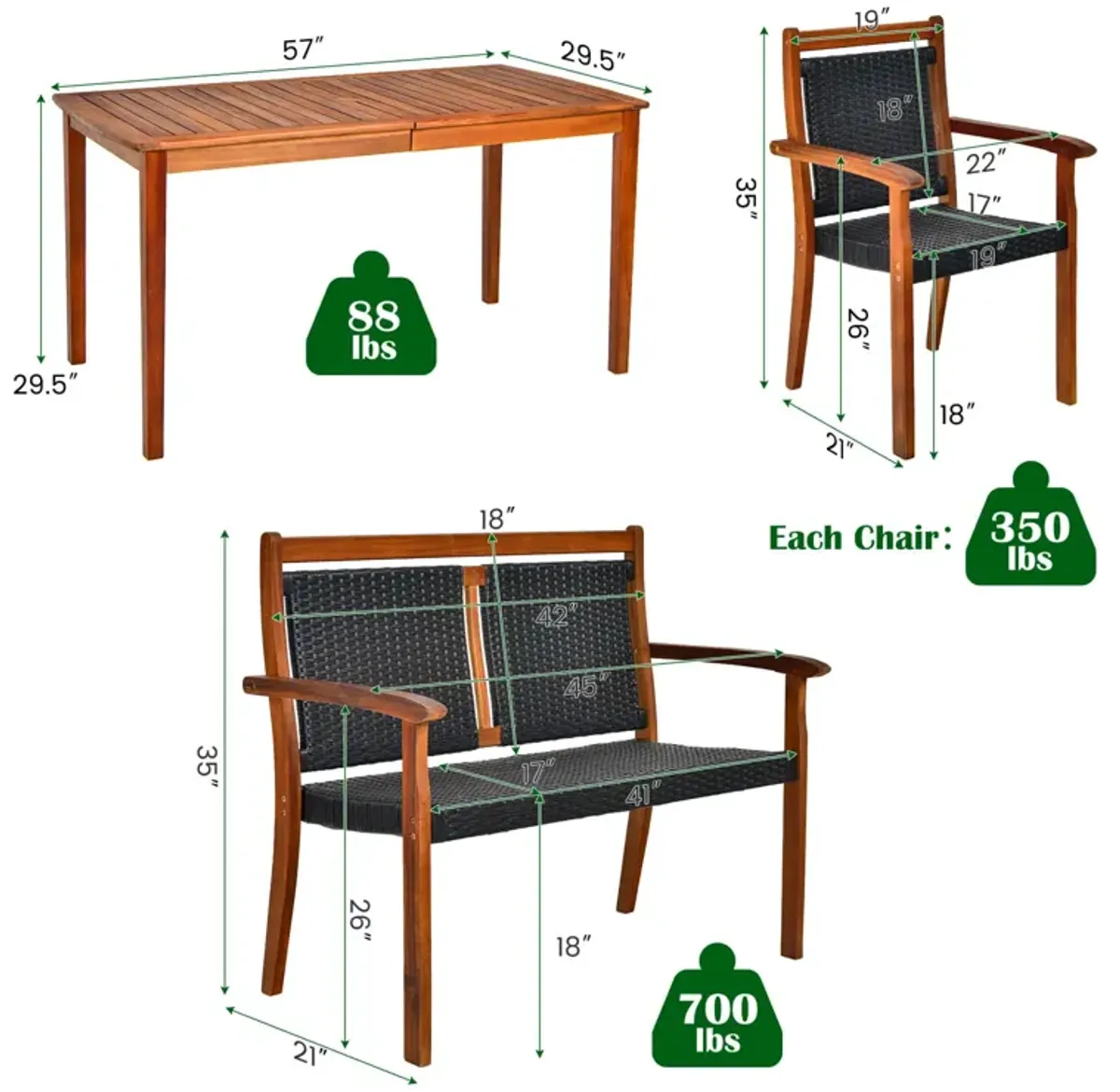 4 Pieces Acacia Wood Patio Rattan Dining Furniture Set