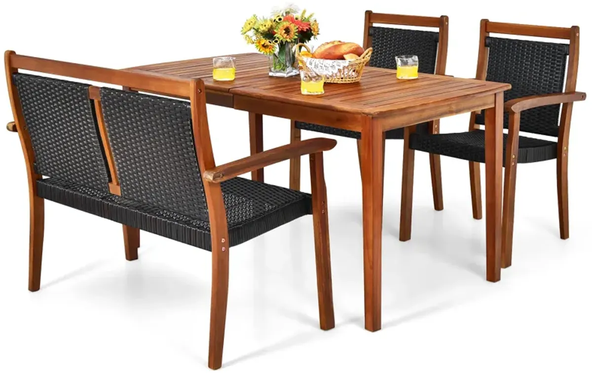 4 Pieces Acacia Wood Patio Rattan Dining Furniture Set