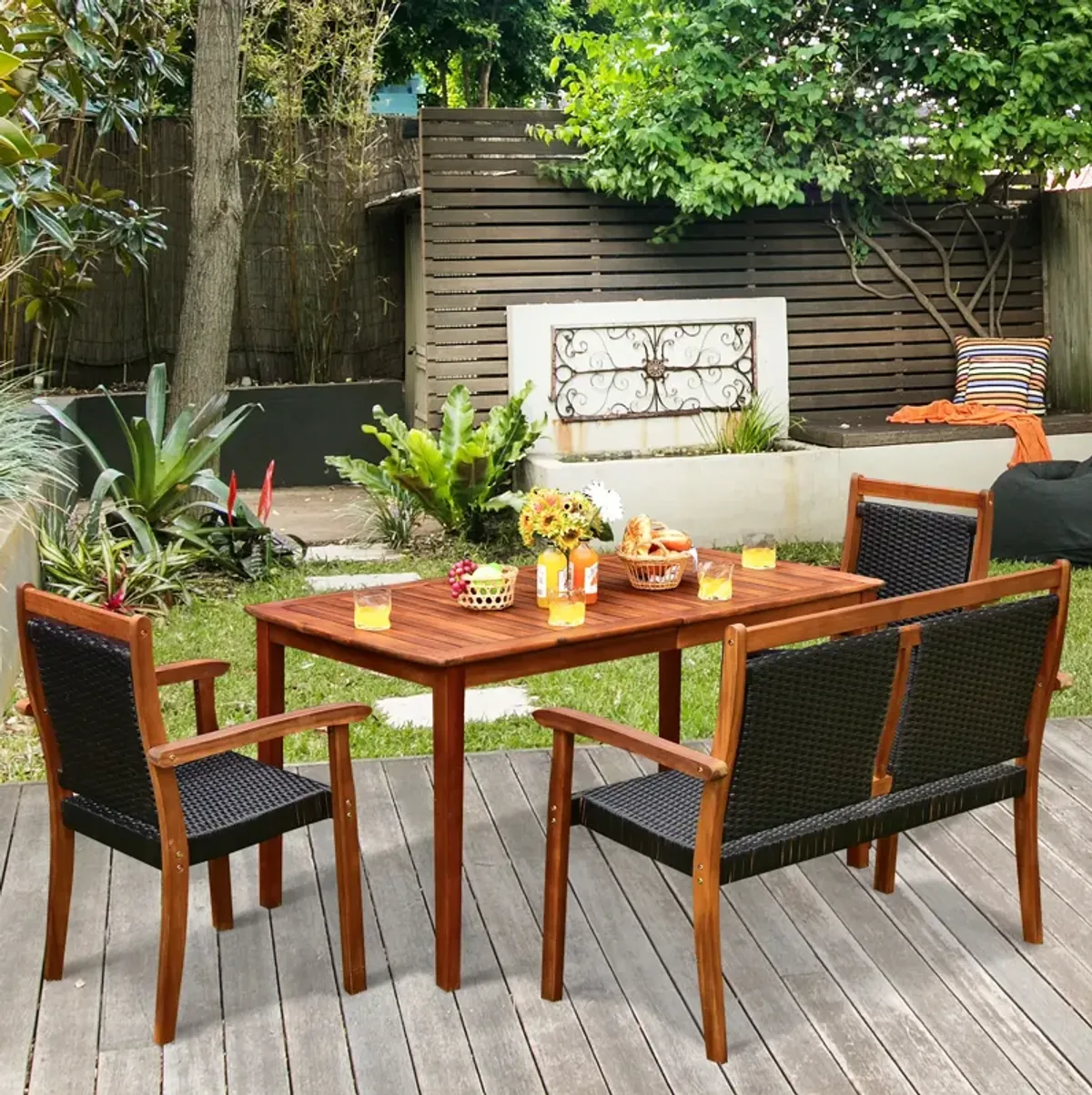 4 Pieces Acacia Wood Patio Rattan Dining Furniture Set