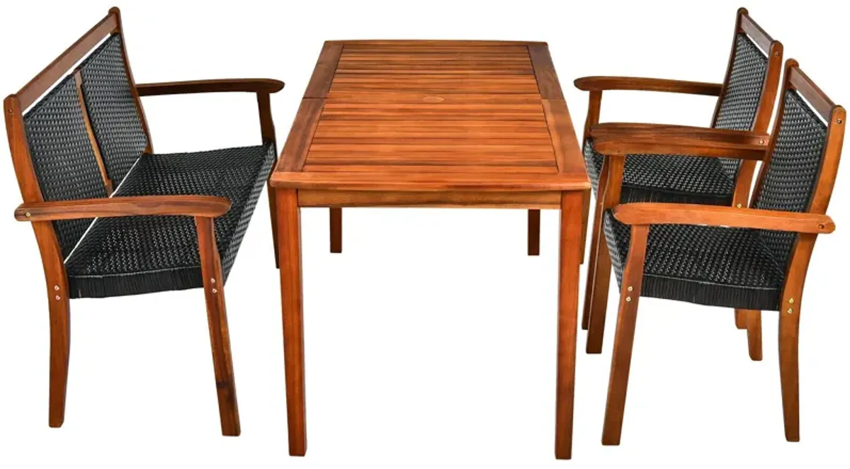 4 Pieces Acacia Wood Patio Rattan Dining Furniture Set