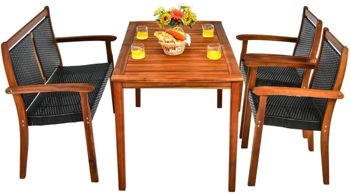 4 Pieces Acacia Wood Patio Rattan Dining Furniture Set