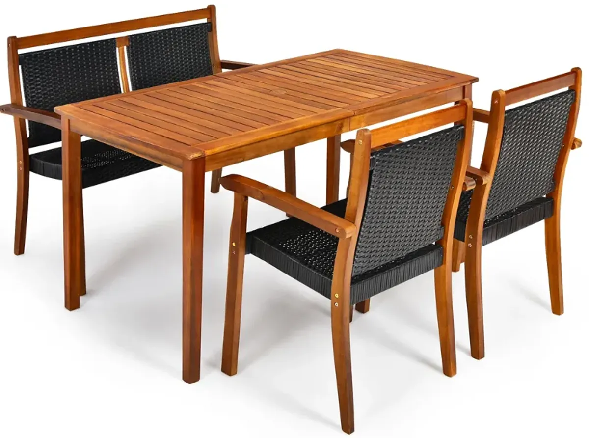 4 Pieces Acacia Wood Patio Rattan Dining Furniture Set