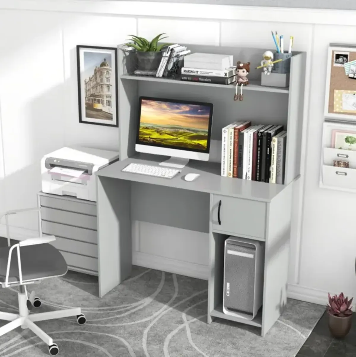 Hivvago Home Office Desk with Raised Display Shelf and 2 Open Shelves