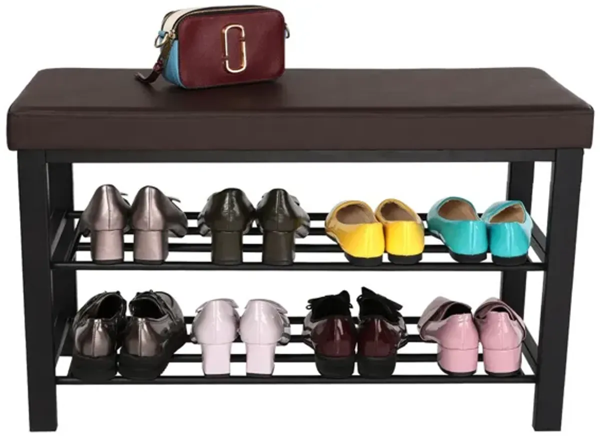 3-Tier Shoe Bench with Foam Padded Seat - Faux Leather Storage Organizer with Metal Frame for Entryway