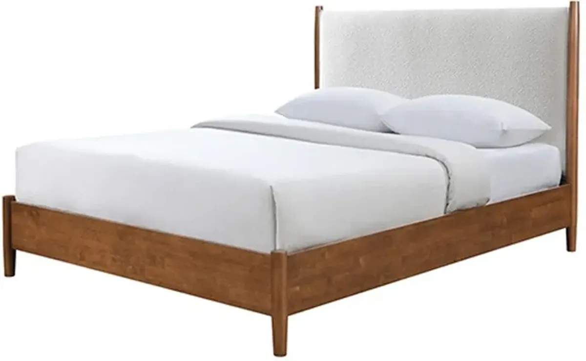 Carry Queen Bed, Beige Boucle Upholstered Headboard Walnut Brown Solid Wood - Benzara