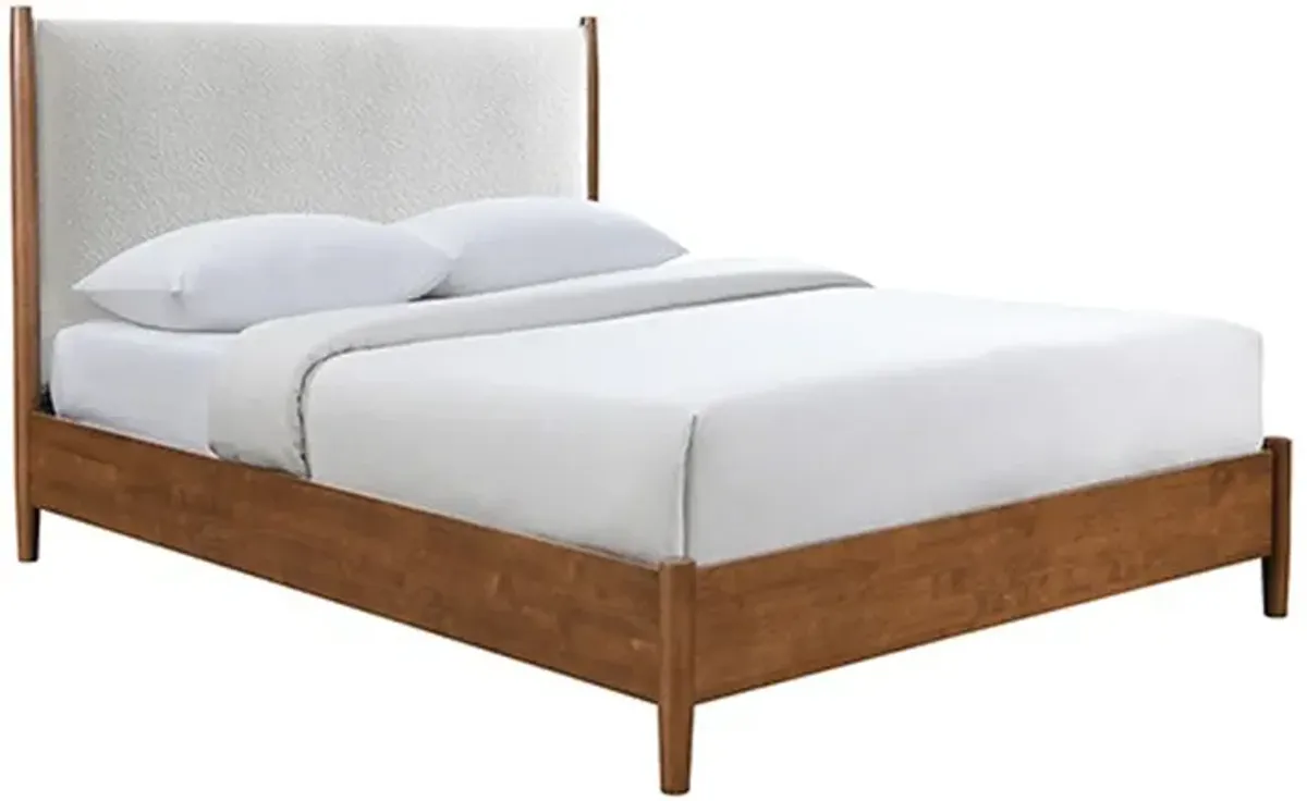 Carry Queen Bed, Beige Boucle Upholstered Headboard Walnut Brown Solid Wood - Benzara