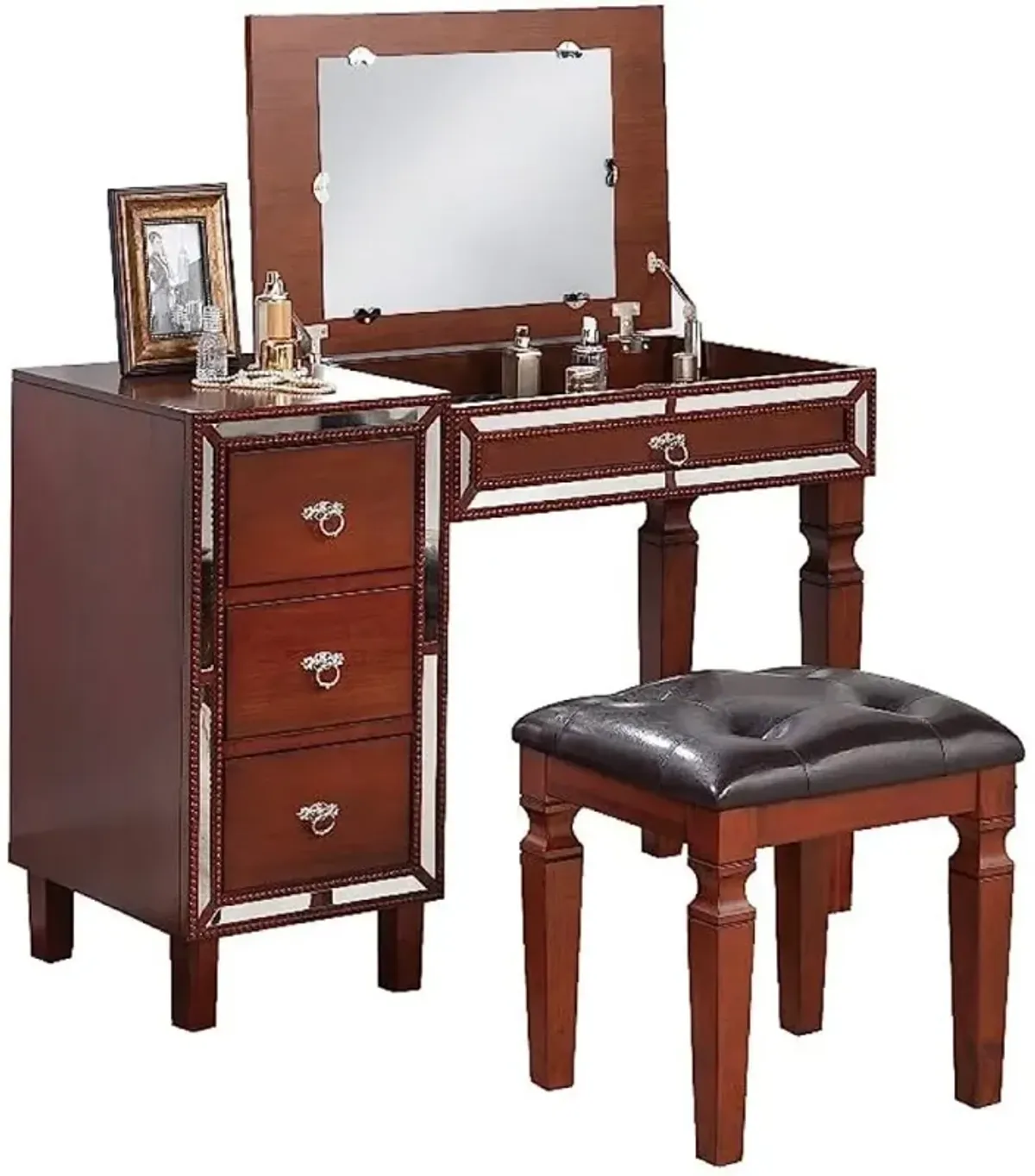 Cherry Vanity Set with Stool and Storage