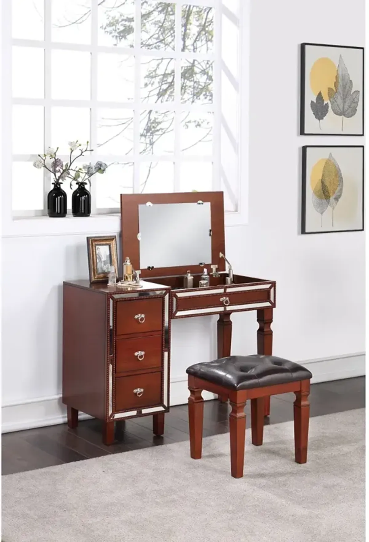 Cherry Vanity Set with Stool and Storage