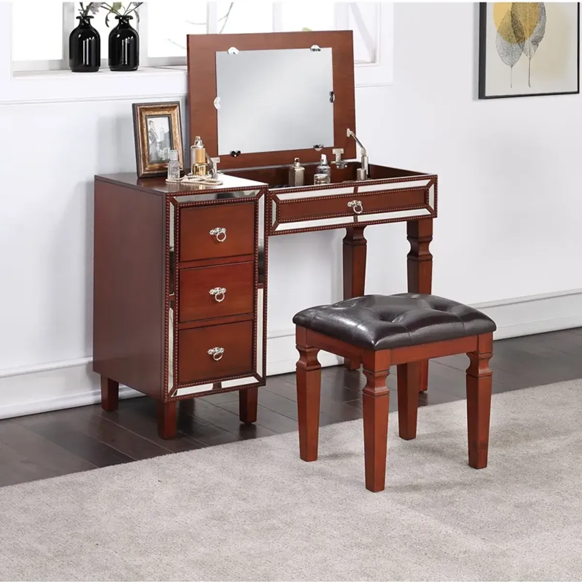 Cherry Vanity Set with Stool and Storage