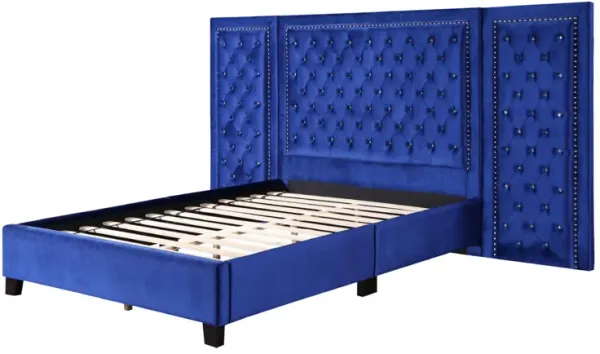 Cleo King Size Bed, Velvet, XL 3 Panel Headboard, Crystal Tufted, Blue - Benzara
