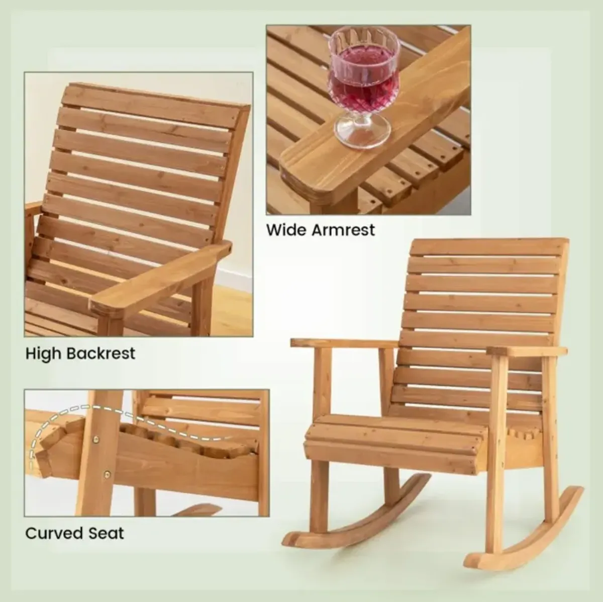 Hivvago Outdoor Solid Fir Wood Rocking Chair with High Backrest