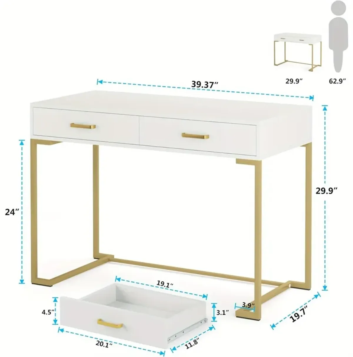 Small Computer Desk, Modern Simple 40 inch Home Office Desk Study Table Writing Desk, Makeup Vanity Desk with Drawers