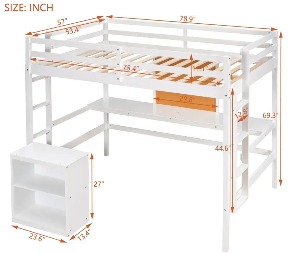 Whisen Full Size Wooden Loft Bed with Desk, 2 Drawers Cabinet and Writing Board
