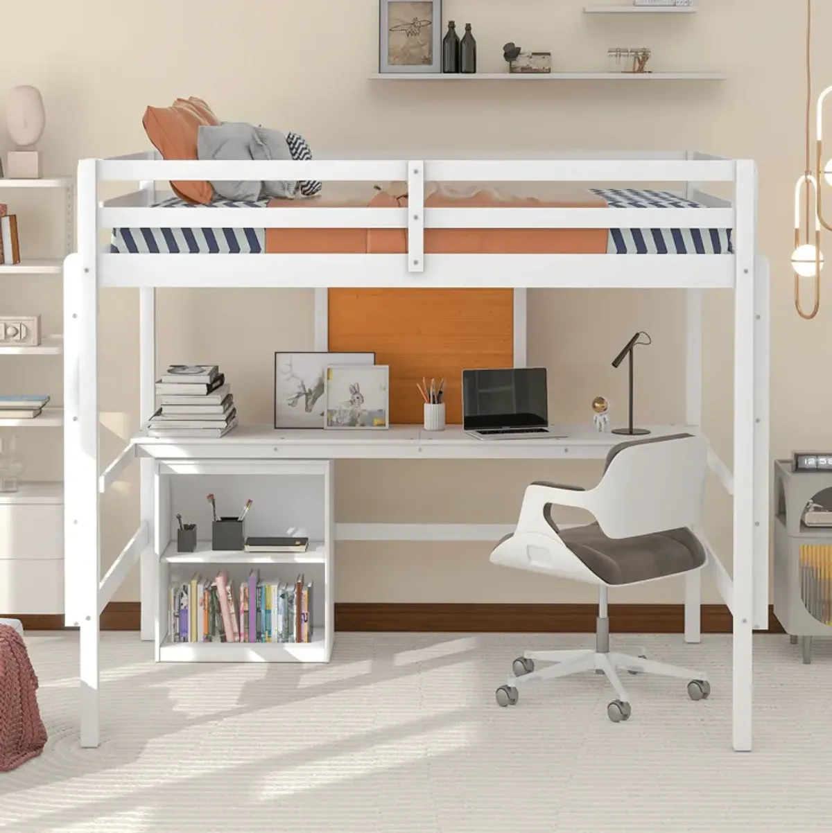 Whisen Full Size Wooden Loft Bed with Desk, 2 Drawers Cabinet and Writing Board