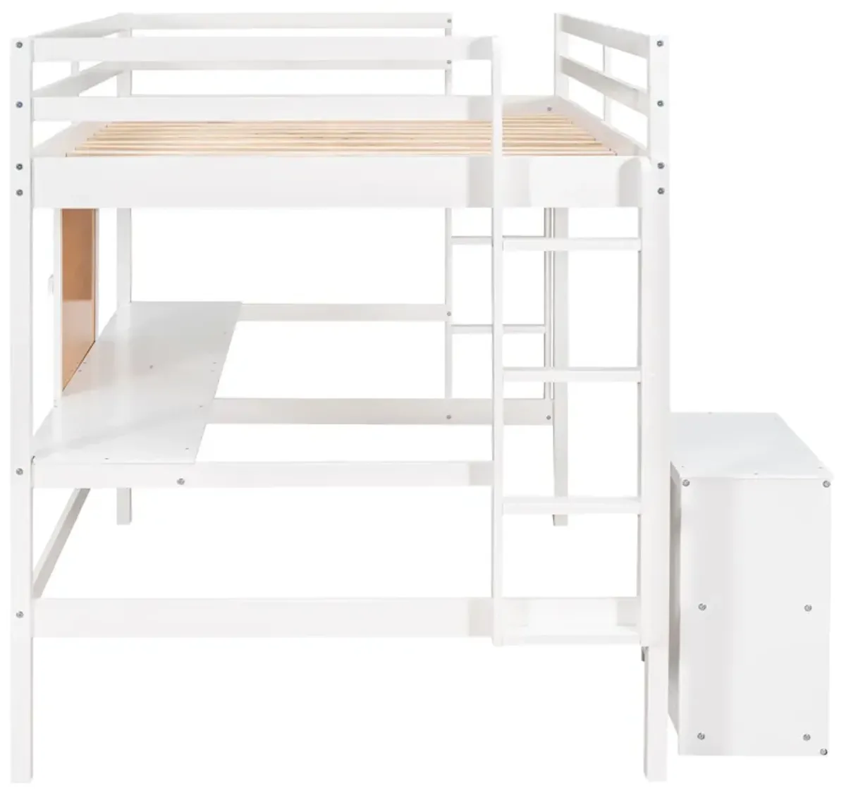 Whisen Full Size Wooden Loft Bed with Desk, 2 Drawers Cabinet and Writing Board