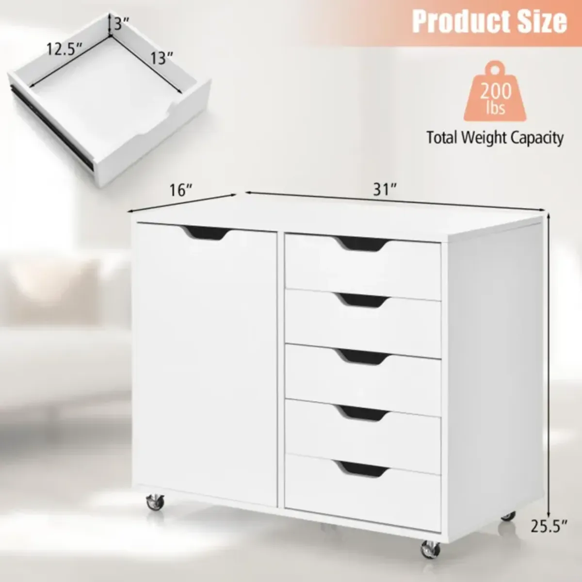 Hivvago 5-Drawer Dresser Chest Mobile Storage Cabinet with Door-White