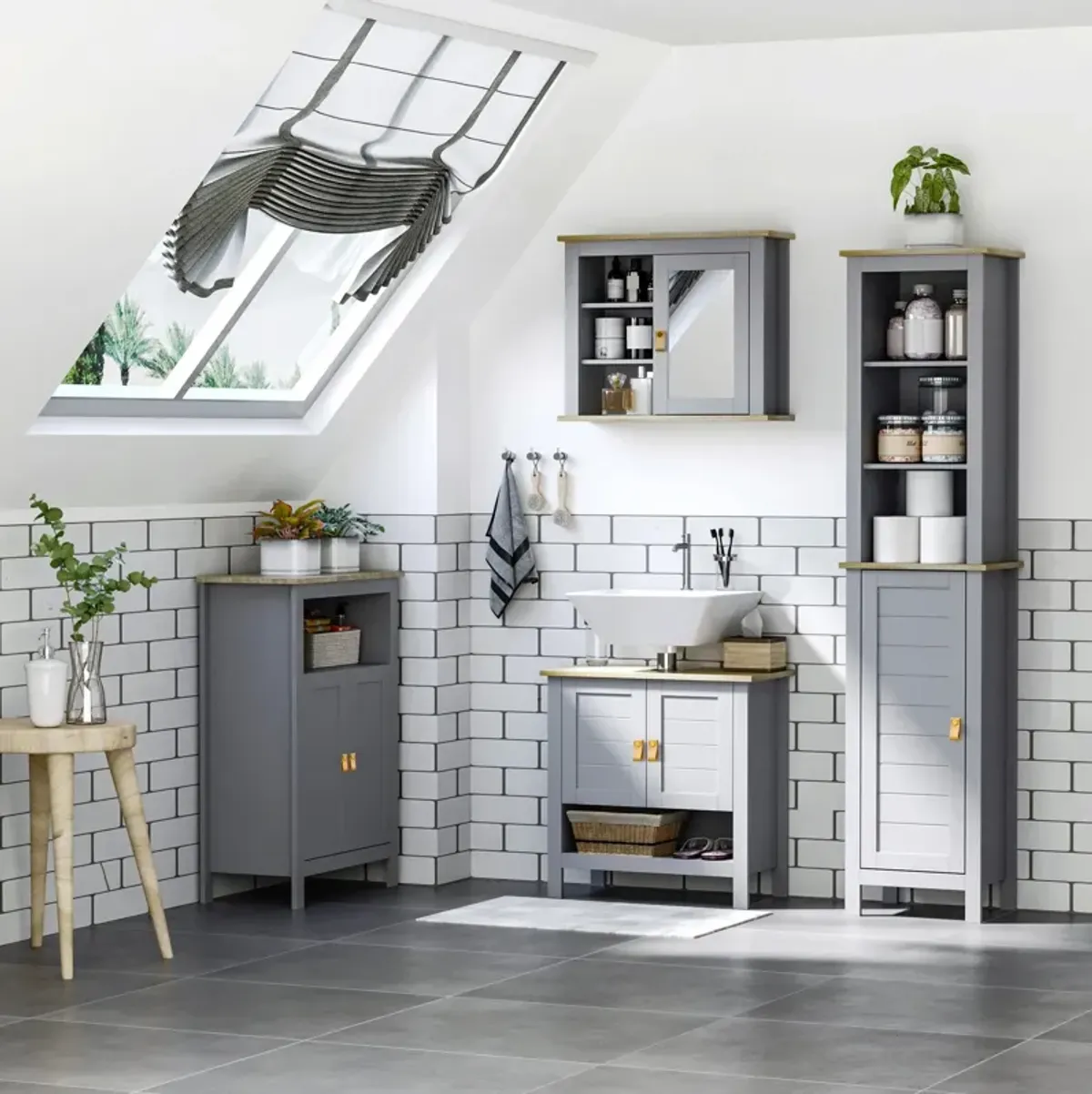 Grey Bathroom Storage: Tall Linen Tower Cabinet with 3-Tier Shelf