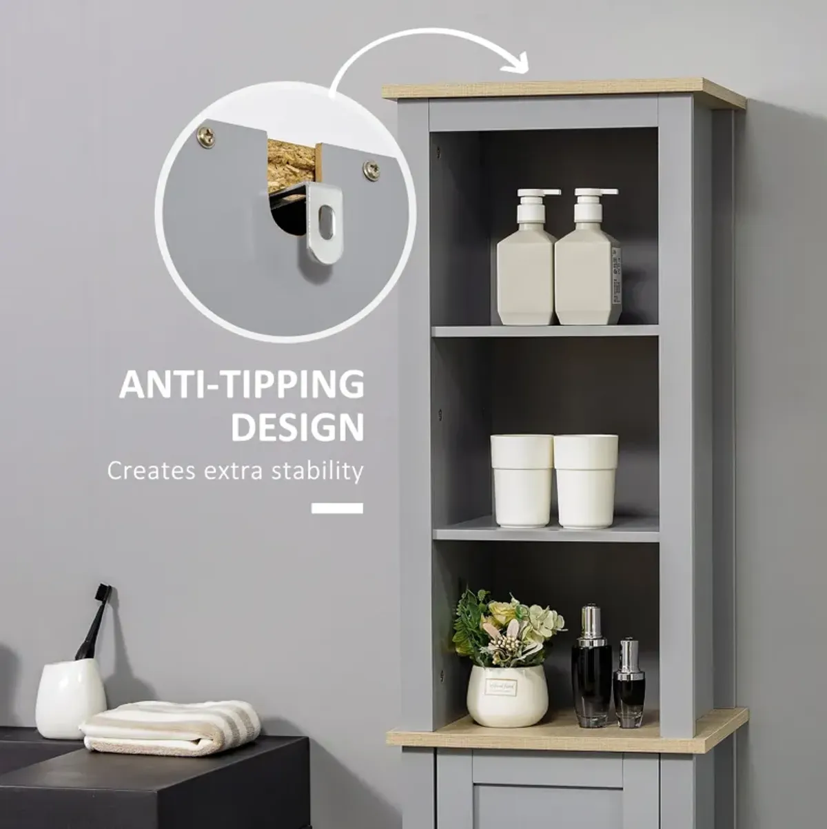 Grey Bathroom Storage: Tall Linen Tower Cabinet with 3-Tier Shelf