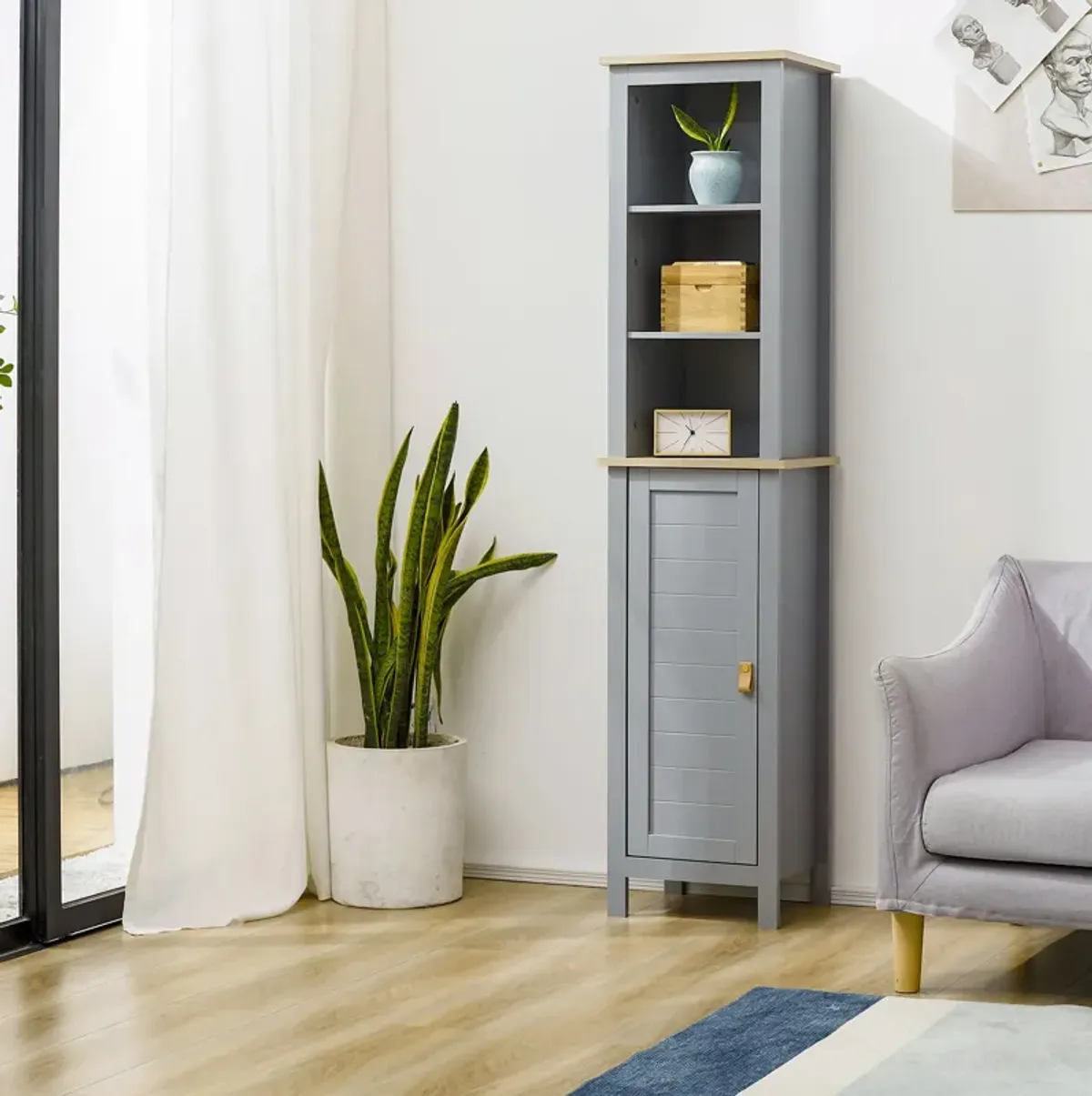 Grey Bathroom Storage: Tall Linen Tower Cabinet with 3-Tier Shelf