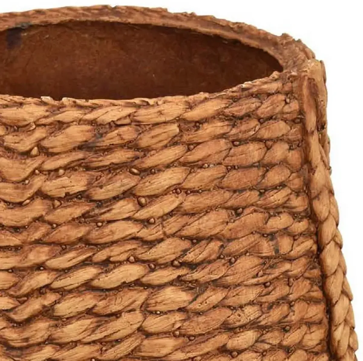 Reno 15 Inch Planter, Rope Woven Design, White and Brown Finished Resin - Benzara