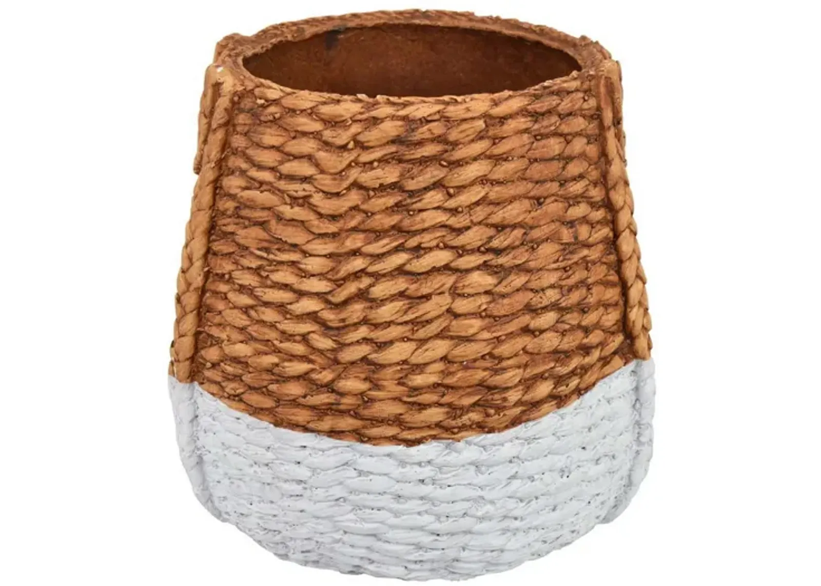 Reno 15 Inch Planter, Rope Woven Design, White and Brown Finished Resin - Benzara