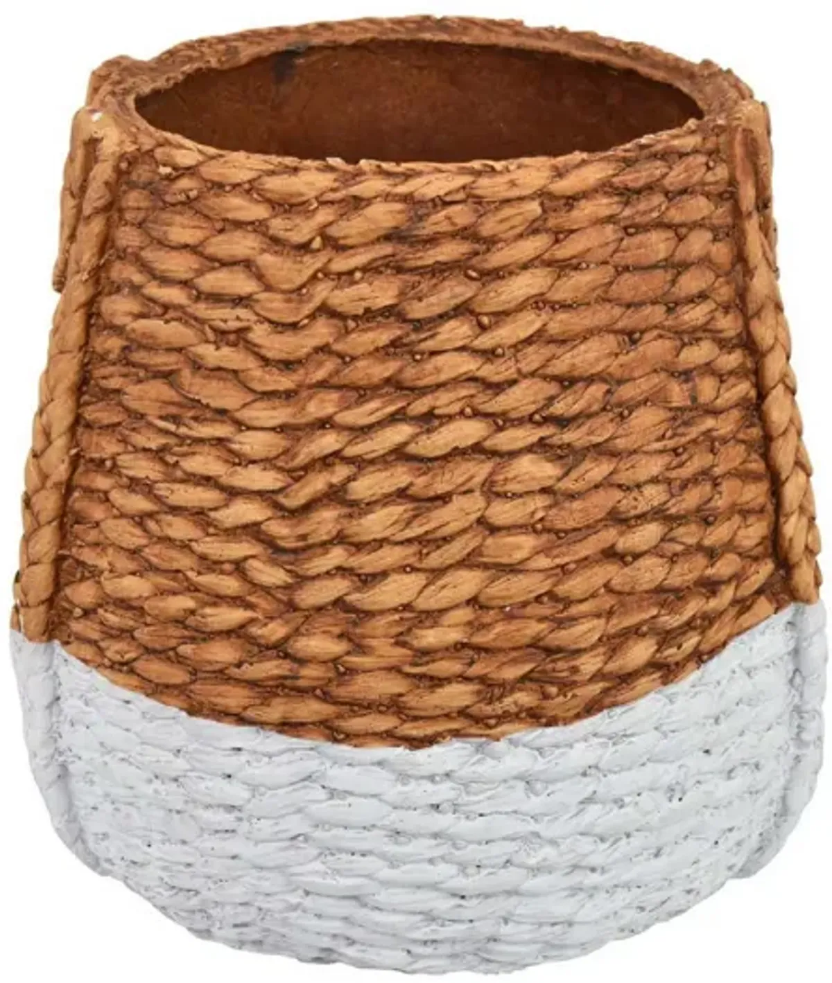 Reno 15 Inch Planter, Rope Woven Design, White and Brown Finished Resin - Benzara