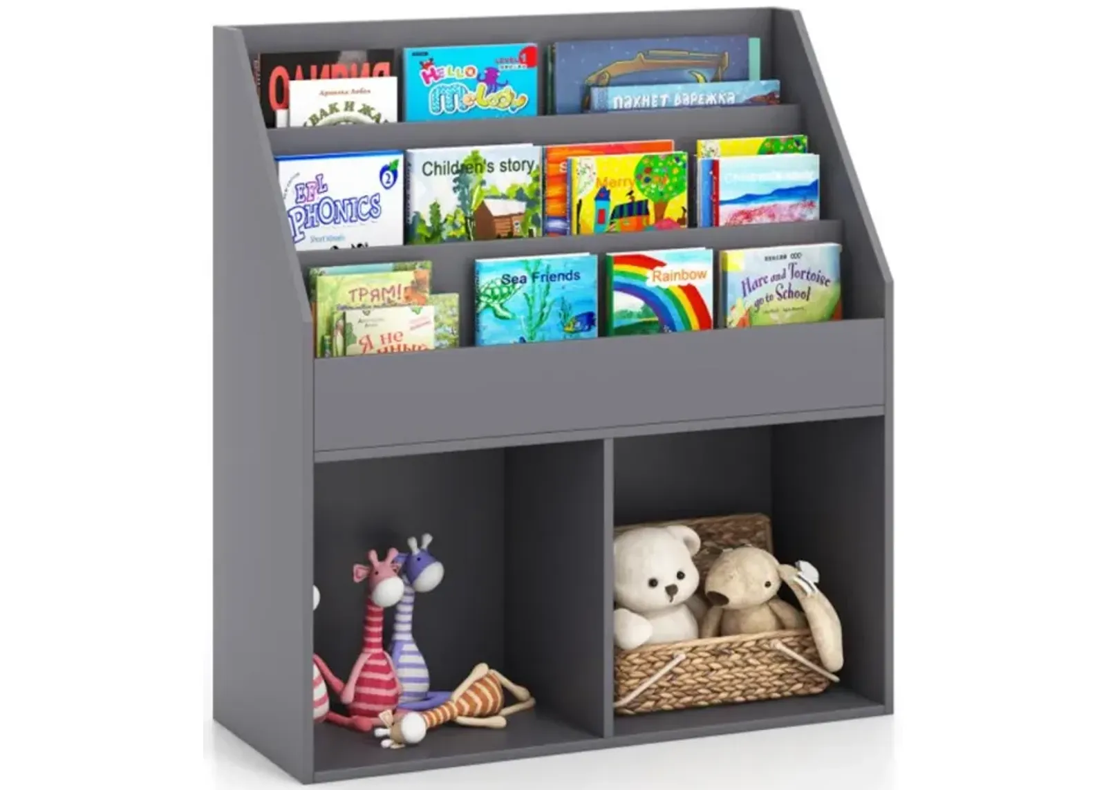 Hivvago Kids Wooden Bookshelf Bookcase Children Toy Storage Cabinet Organizer-Gray