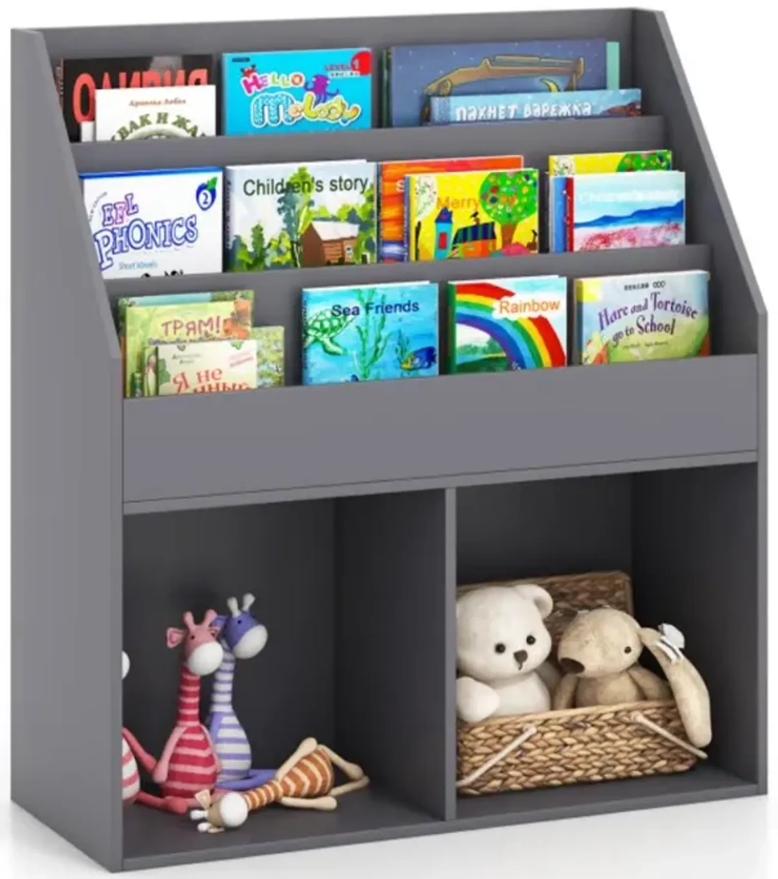 Hivvago Kids Wooden Bookshelf Bookcase Children Toy Storage Cabinet Organizer-Gray