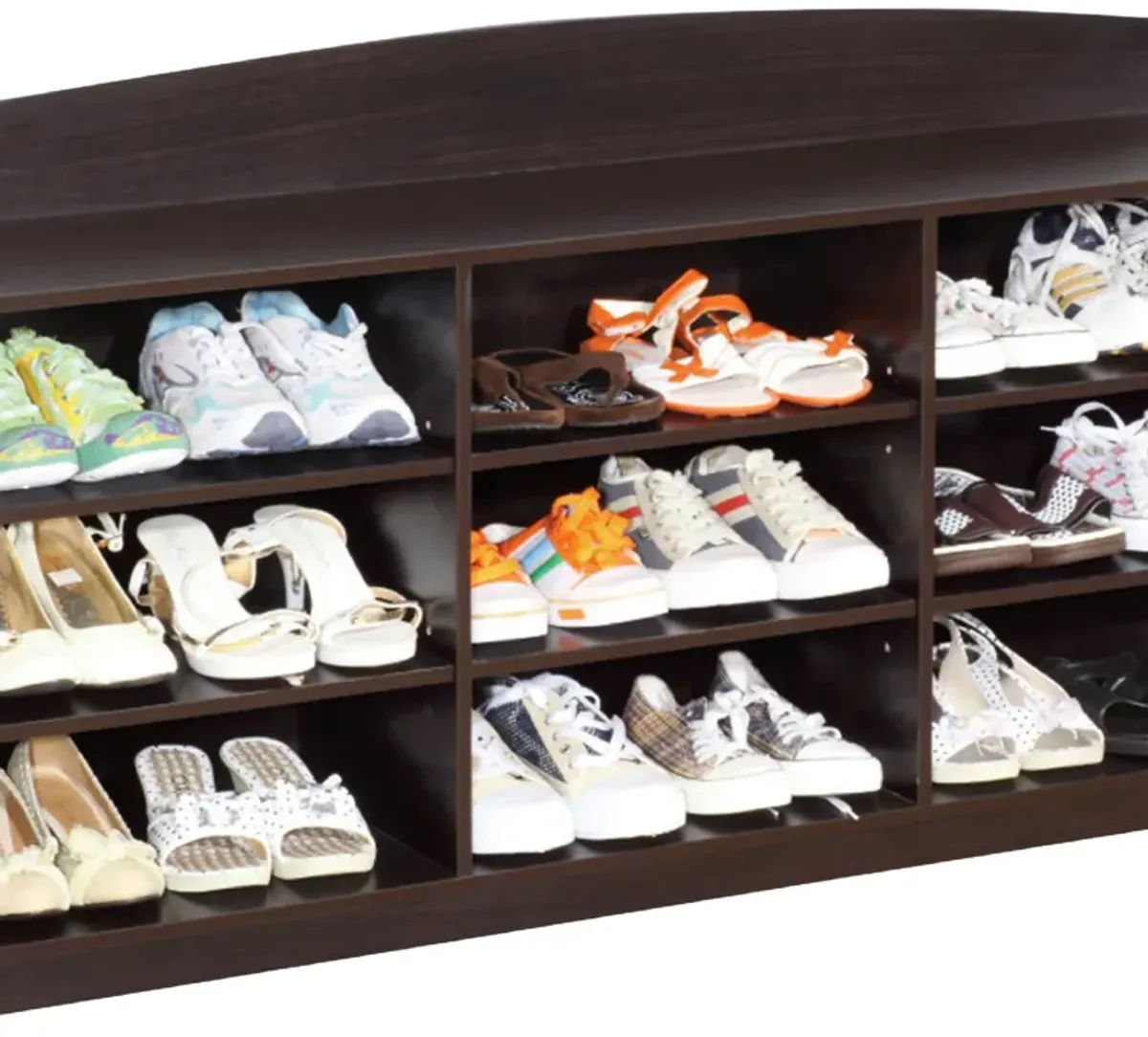 48 Inch Classic Wood Shoe Rack, 9 Cubbies, Elegant Wood Grains, Dark Brown-Benzara