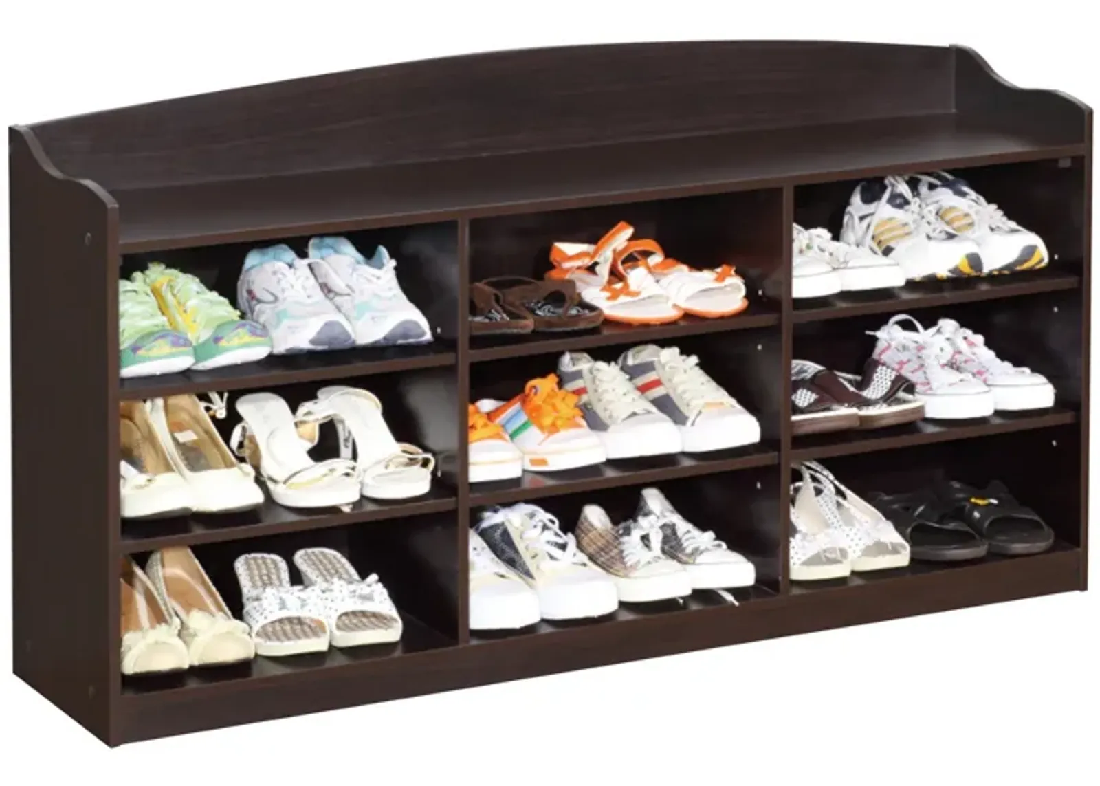 48 Inch Classic Wood Shoe Rack, 9 Cubbies, Elegant Wood Grains, Dark Brown-Benzara