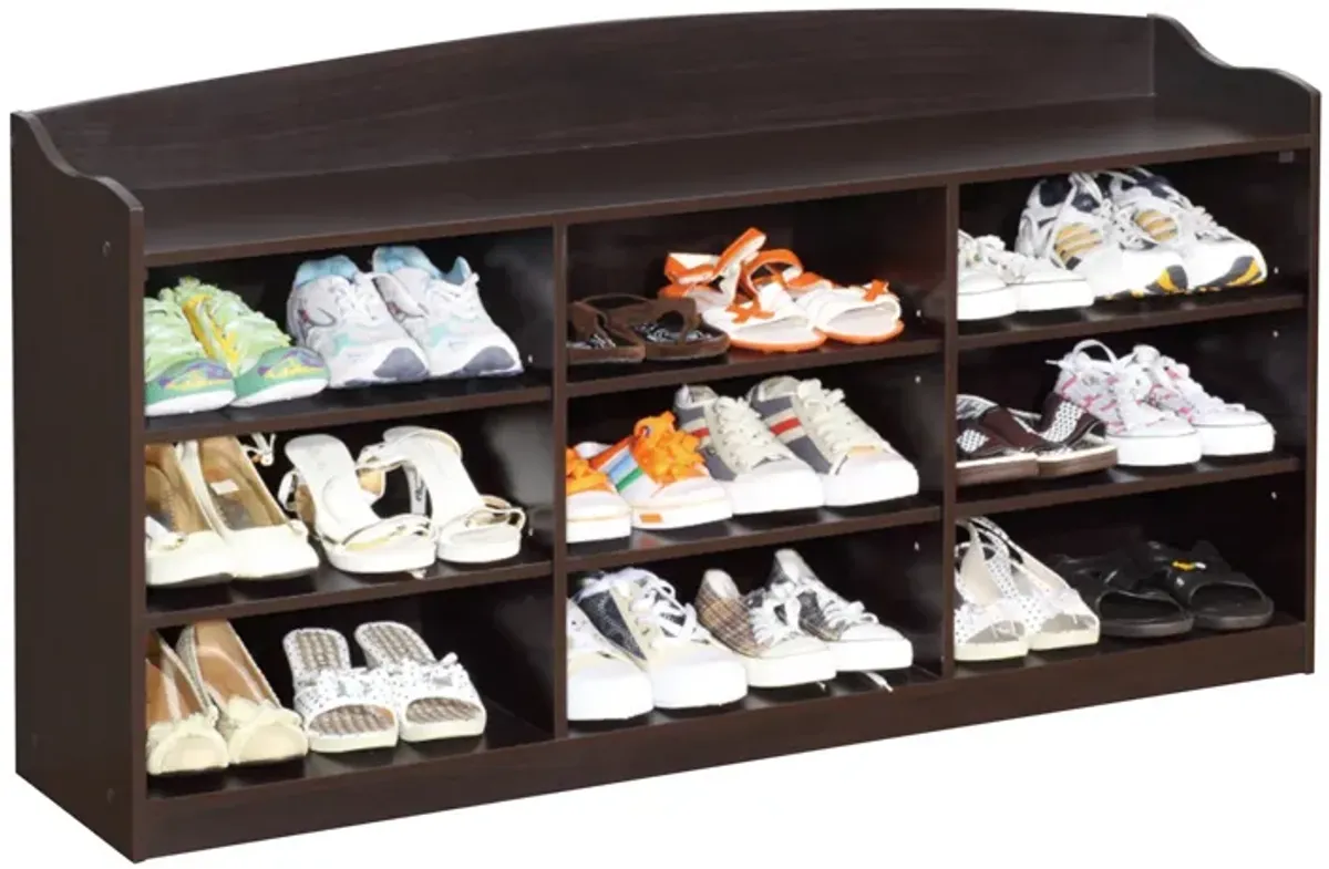 48 Inch Classic Wood Shoe Rack, 9 Cubbies, Elegant Wood Grains, Dark Brown-Benzara