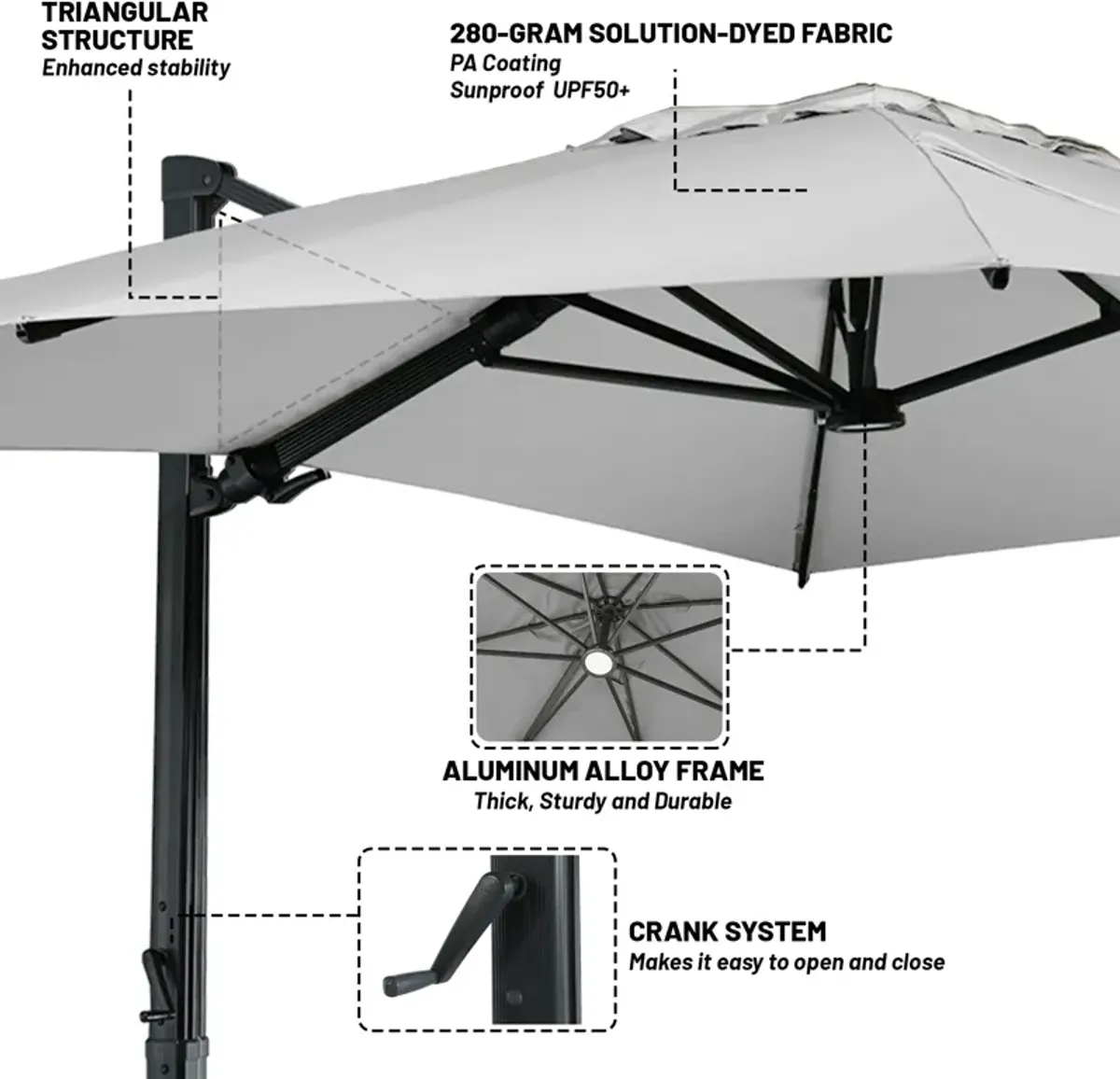 10x13 ft. 360° Rotation Square Cantilever Patio Umbrella with LED Light in Gray