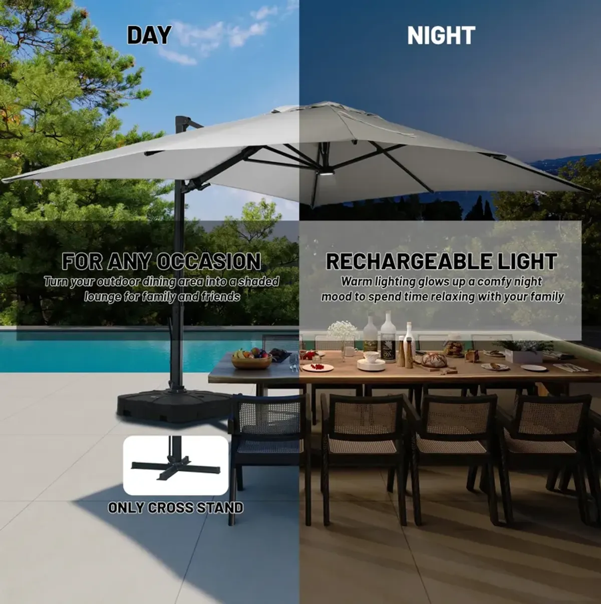 10x13 ft. 360° Rotation Square Cantilever Patio Umbrella with LED Light in Gray