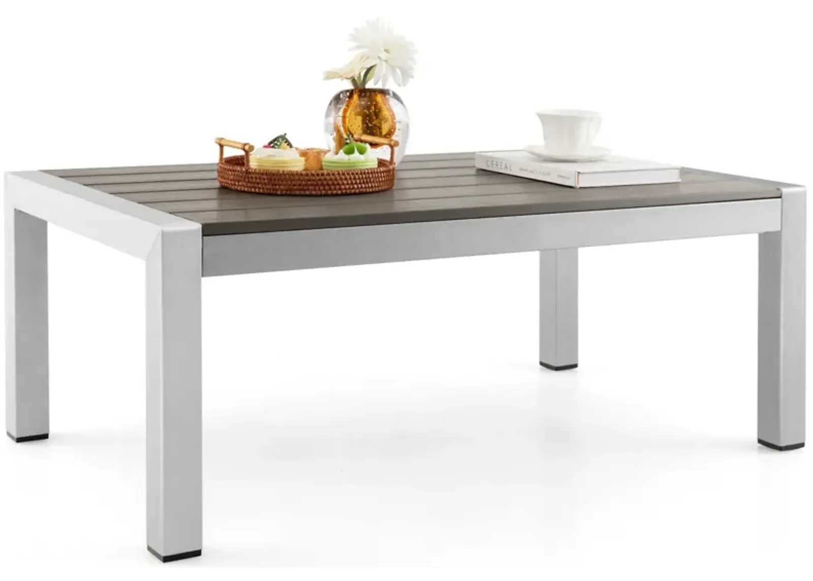 Modern Rectangular Patio Coffee Table with Plastic Wood Tabletop and Rustproof Aluminum Frame-Gray