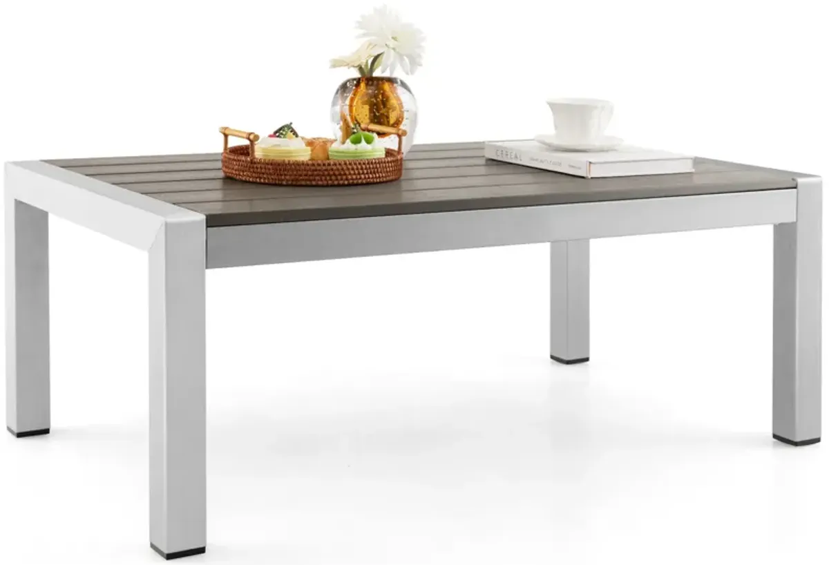 Modern Rectangular Patio Coffee Table with Plastic Wood Tabletop and Rustproof Aluminum Frame-Gray