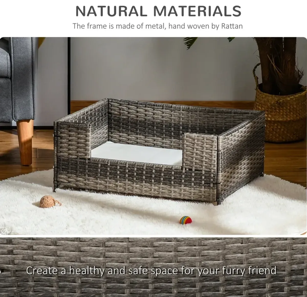 Grey Pet Retreat: Rattan Wicker Dog Bed with Washable Cushion