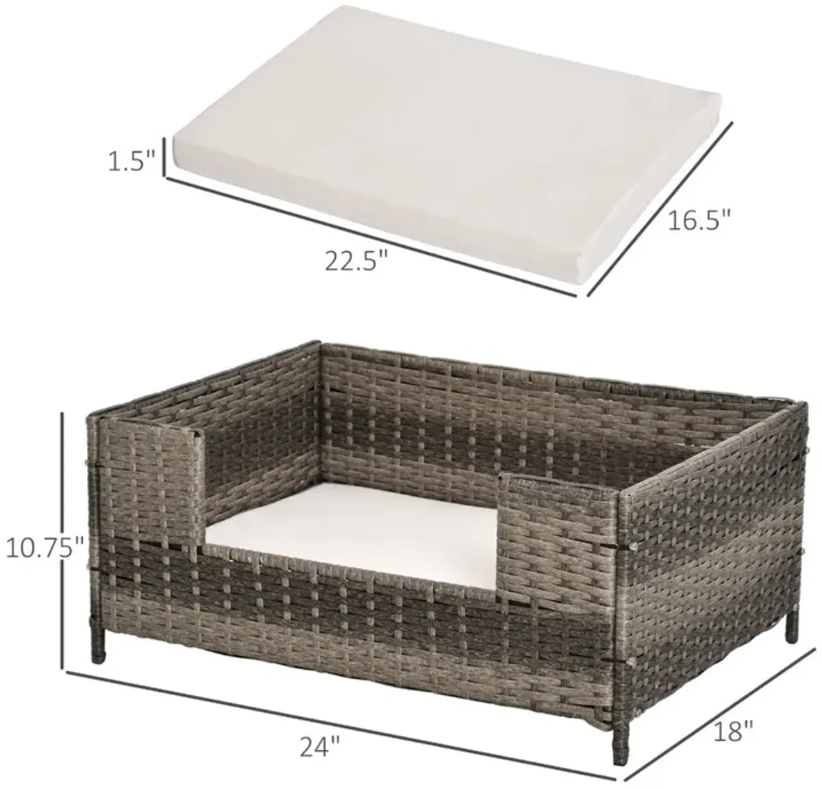 Grey Pet Retreat: Rattan Wicker Dog Bed with Washable Cushion